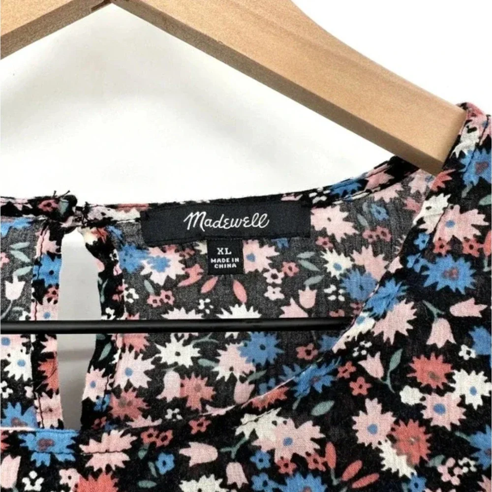 Madewell Ruffle-Yoke Puff Sleeve Prairie Top Spring Prairie Black Floral Size XL